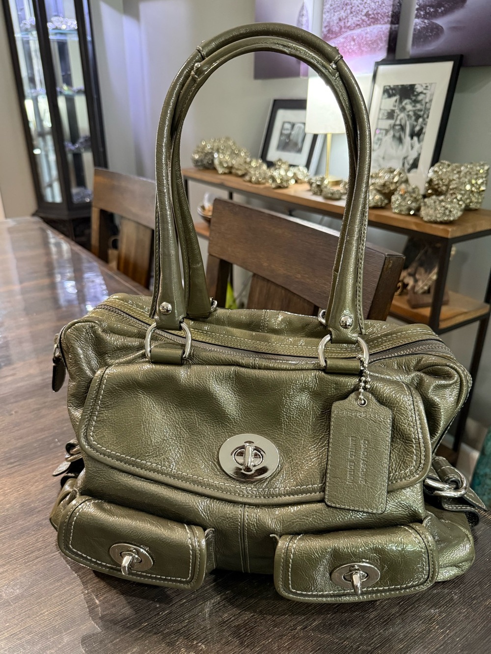 Coach 13051 Peyton Satchel Tote Gray Olive Green Patent Leather Bag Y2K